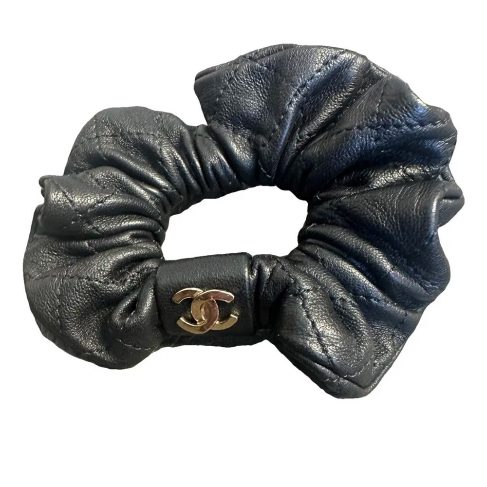 CHANEL Black Leather CC Logo Hair Scrunchie